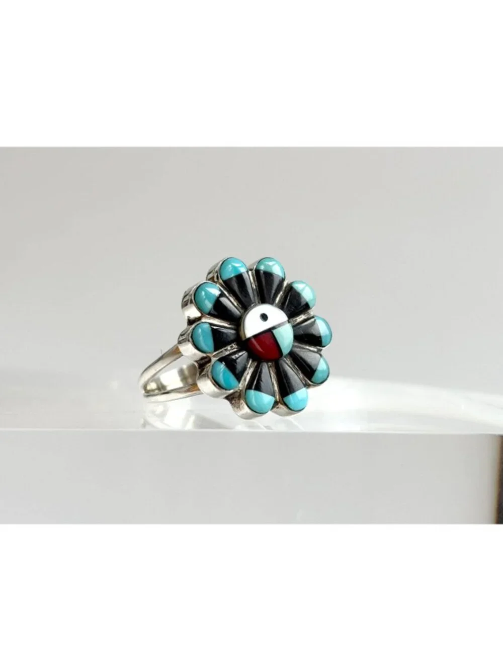 Zuni Sun Face Turquoise, Onyx, MOP & Coral Sterling Silver 925 Vintage Ring sz 6